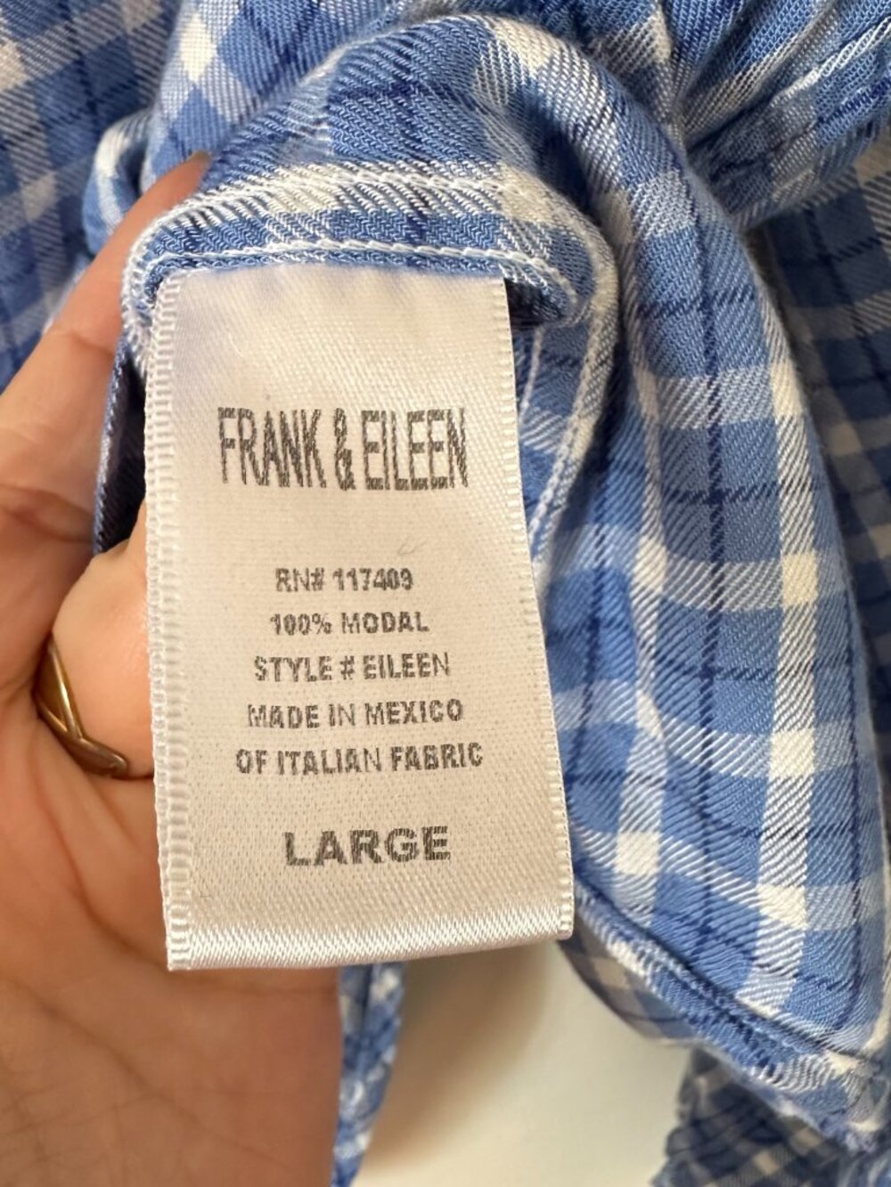Frank & Eileen Eileen Relaxed Button Up Shirt Blue Plaid Check 100% Modal Size L - Picture 7 of 7